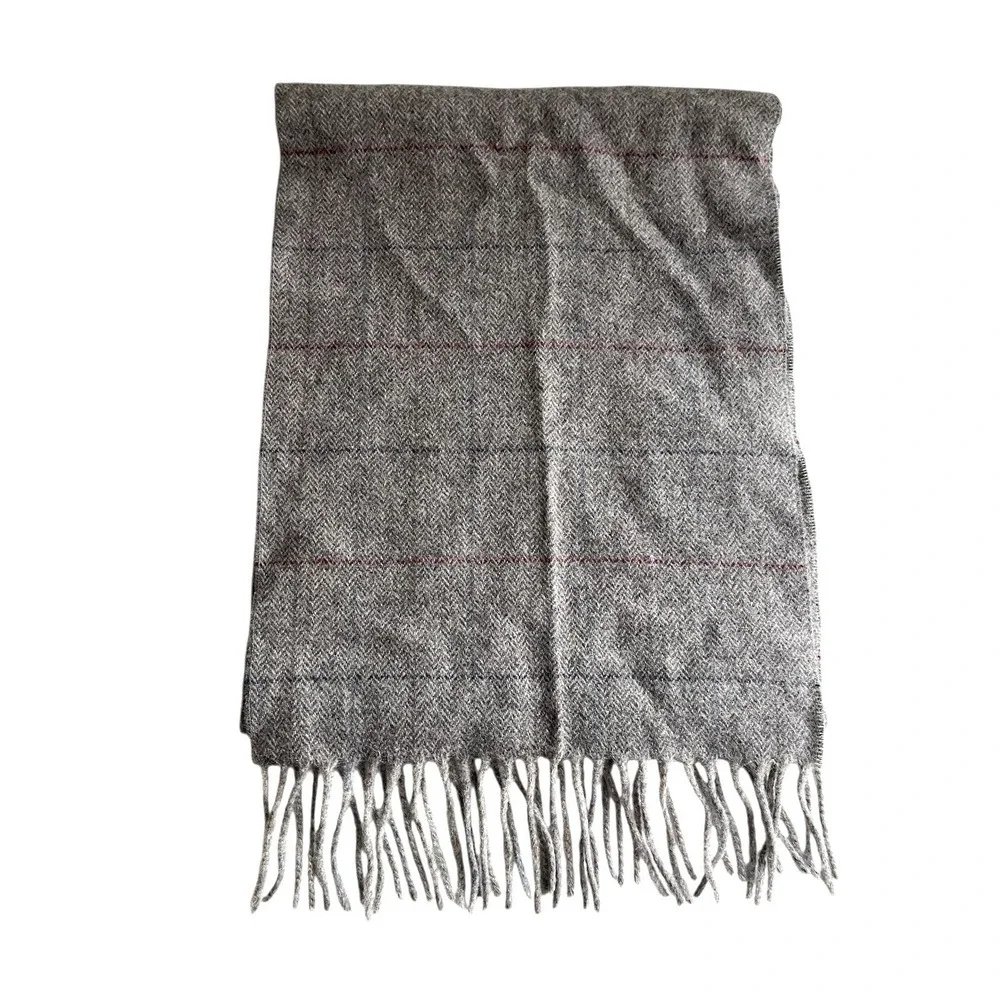 Men's Grey Checkered Herringbone 100% Wool Winter Scarf 12
